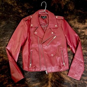 Women’s maroon faux leather jacket blazer
